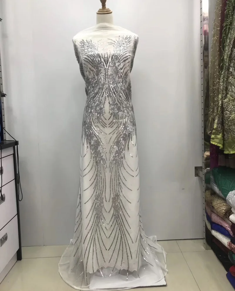 

Free shipping (5yards/pc) 2019 newest African sequins lace fabric white and silver French net lace fabric for party dress FNS158