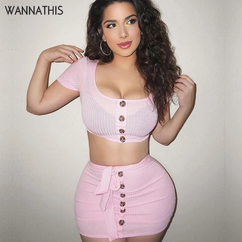 

WannaThis 2019 Summer Women Two Piece Sets Short Mini Skirt Crop Tops Sexy Elegant Knitted Casual Short Sleeveless Button Bow
