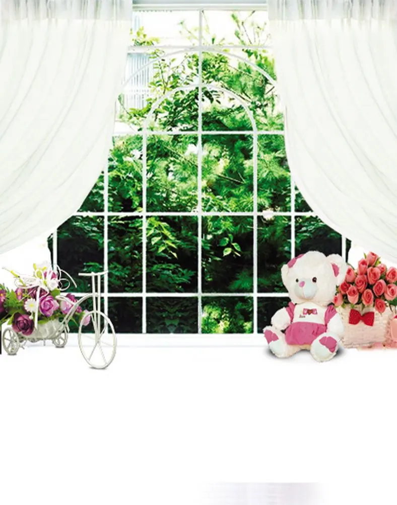 

Window Cartoon Bear Rose Flowers Photography Backdrops Photo Props Studio Background 5x7ft