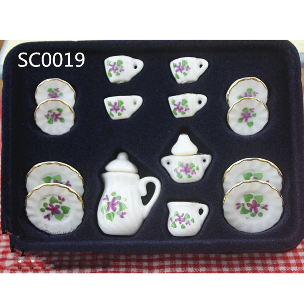 15Pcs 1/12 Dollhouse Miniature Accessories Mini Ceramics Tea Set Simulation Kettle Plate Cup Model Toys Doll House Decoration