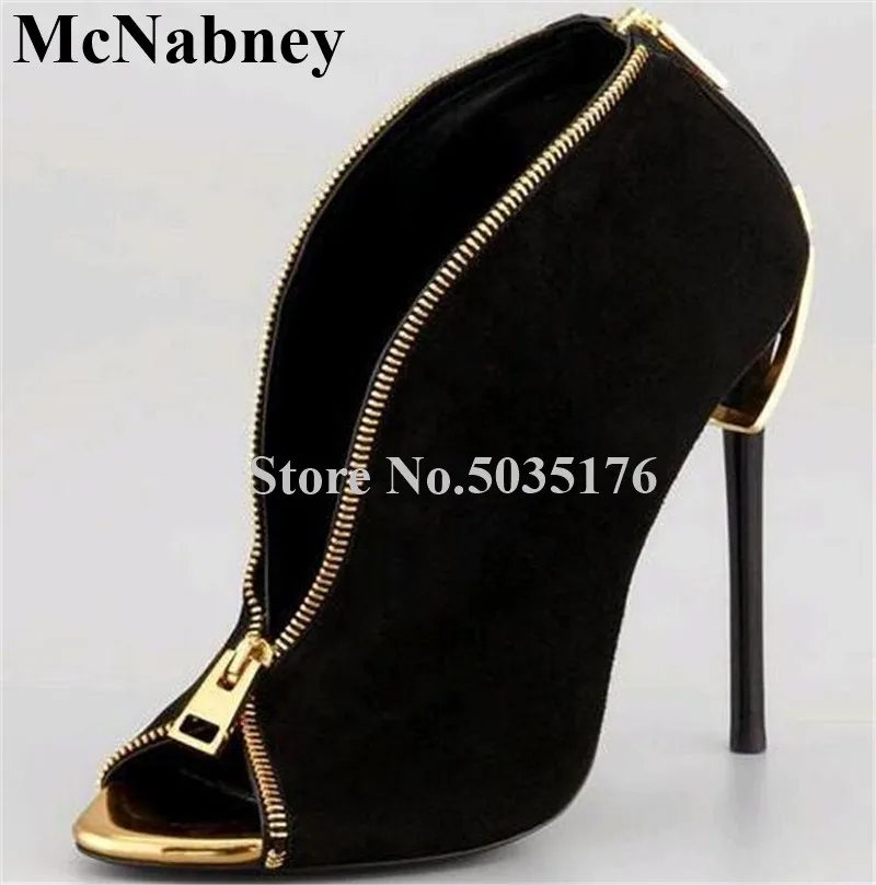 

2019 European Black Sexy Metal Chain Peep Toe High Stiletto Heel Ankle Short Boots Zip Cover Heel Spring/Autumn Women Shoes