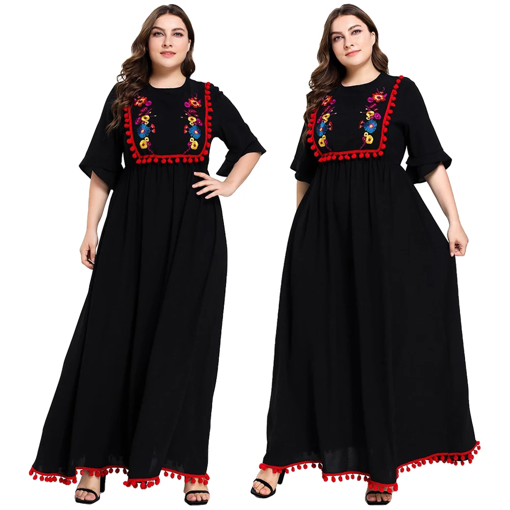 

Ethnic Embroidery Abaya Women Maxi Swing Dress Tassel Kaftan Party Robe Jilbab Pom Pom Short Sleeve Summer Dress Ramadan Fashion