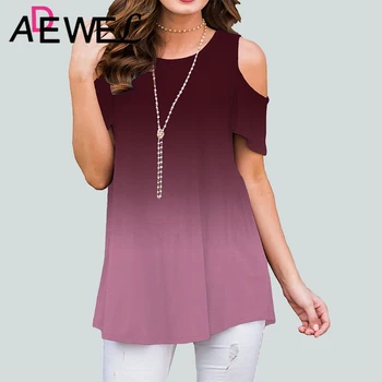 

ADEWEL Summer Cotton Shirt Gradient Printed shirts Short Sleeves Casual shirt Shirts Tops Women Longline Tees with 2019