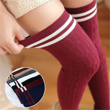 

Fashion Women Knit Striped Cotton Over The Knee Long Socks Striped Thigh High Sock New