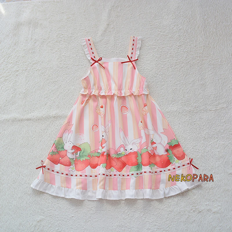 Платье в стиле Лолиты с клубничным кроликом; JSK; милое розовое платье на бретелях с бантом; цельнокроеное