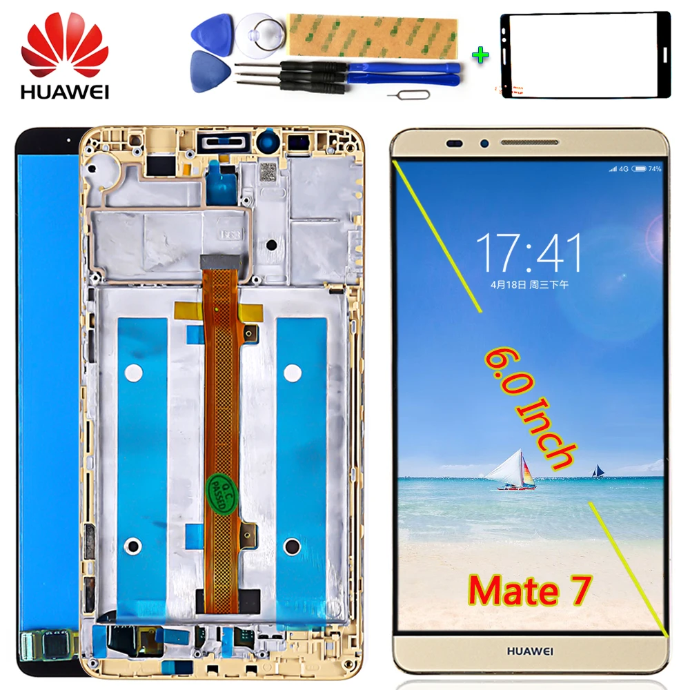 Huawei mate 7 6,0 дюймов lcd дисплей 1920*1080 кодирующий преобразователь сенсорного экрана в сборе рамка mate 7 с бесплатным закаленным стеклом и инструментами