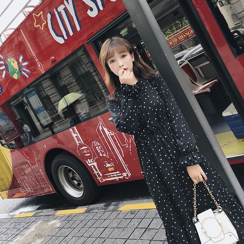 Женское офисное платье с высокой талией модным принтом в горошек круглым вырезом