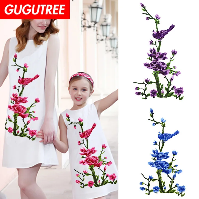 

GUGUTREE embroidery big peony patches flower bird patches badges applique patches for clothing XC-93