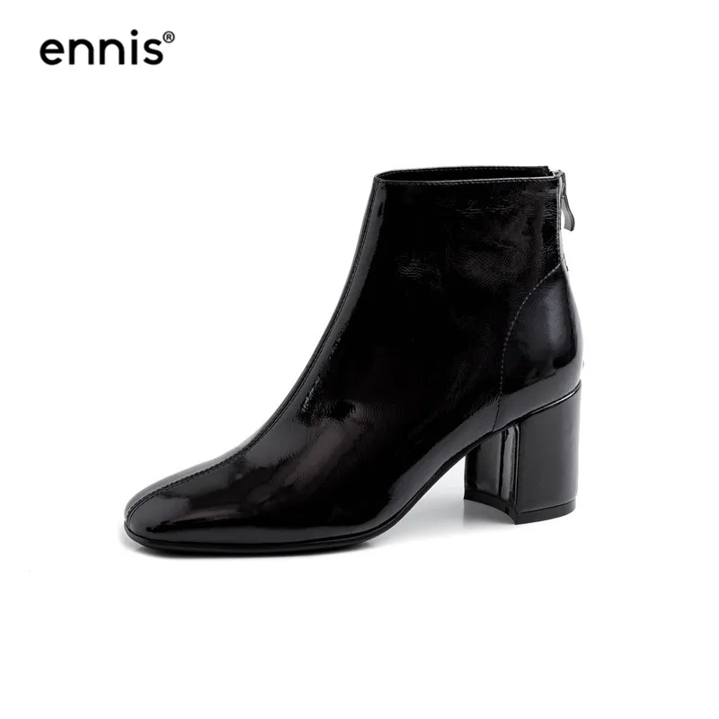 ENNIS/ г., осенние полусапожки женские ботильоны из натуральной кожи модные ботинки из лакированной кожи на не сужающемся книзу массивном каблуке обувь на молнии белого и черного цвета, A949 - Цвет: Patent Black