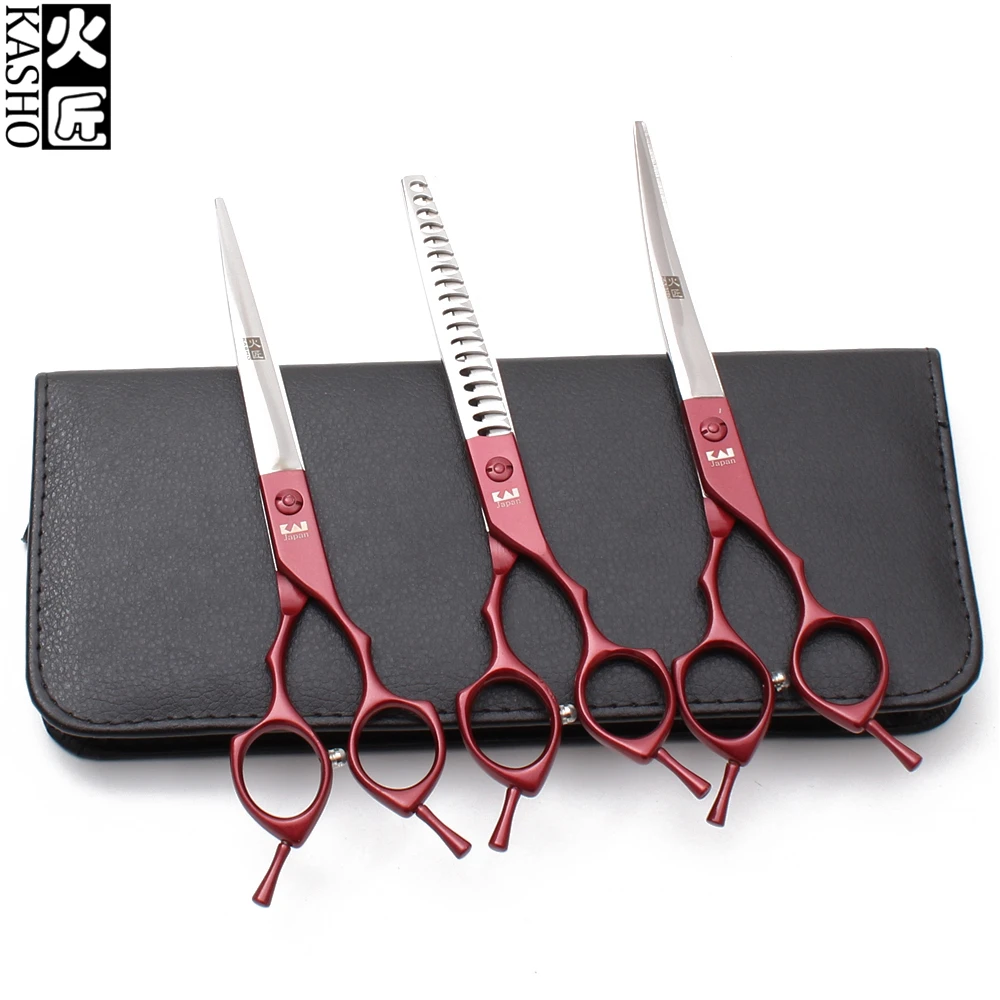 

H3009 7.0" 19.5cm JP 440C Kasho Red Cutting Shears Thinning Scissors UP Curved Shears Professional Pets Scissors Grooming Shears