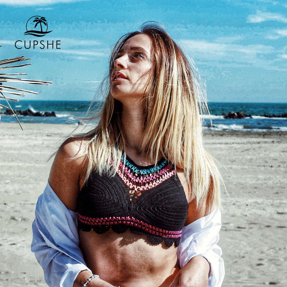 

CUPSHE Embroidery Knitting Tank Bikini Set Women Tied Backless Bordered Patchwork Two Piece Swimwear 2018 Sexy Beach Swimsuits