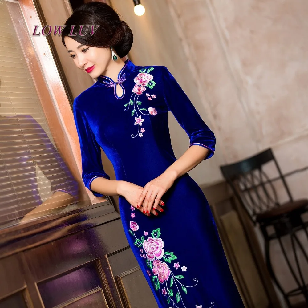 Элегантная дама бархат Cheongsam ретро свадебное платье вышивка Cheongsam платье Fashion тонкий мать платье Cheongsam платье