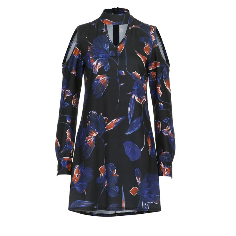 dress female loose of mini A-line casual dark blue color and flower printed full sleeve summer beach dropshipping #F#40JY3103