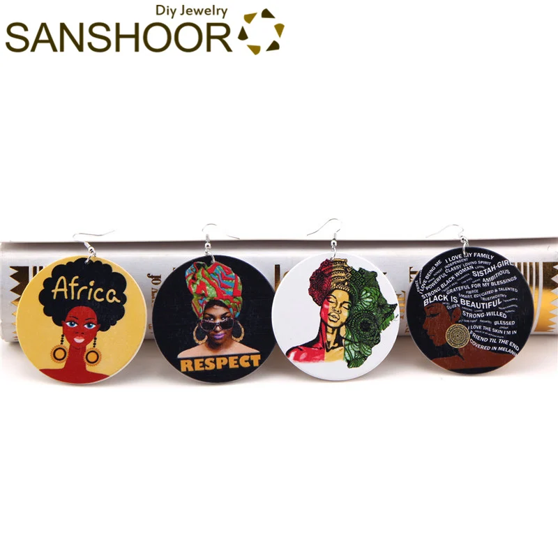 

SANSHOOR 6cm African Respect Powerful Woman Wood Earrings Afrocentric Ethnic Map Tribe Headwrap As Blacks Christmas Gift 8Pairs
