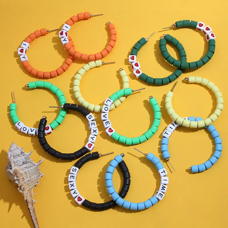 

Flatfoosie 2019 New Resin leather Hoop Earrings For Women Girl Bohemian Trendy Round letter Large Loop Rubber Earrings Wholesale