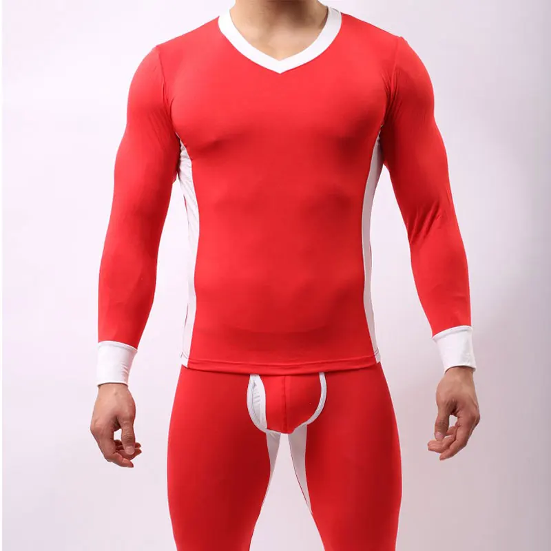 IEMUH мужские зимние комплекты термобелья мужские зимние плюс толстые теплые с v-образным вырезом майки брюки модальные мужские кальсоны быстросохнущие - Цвет: Красный
