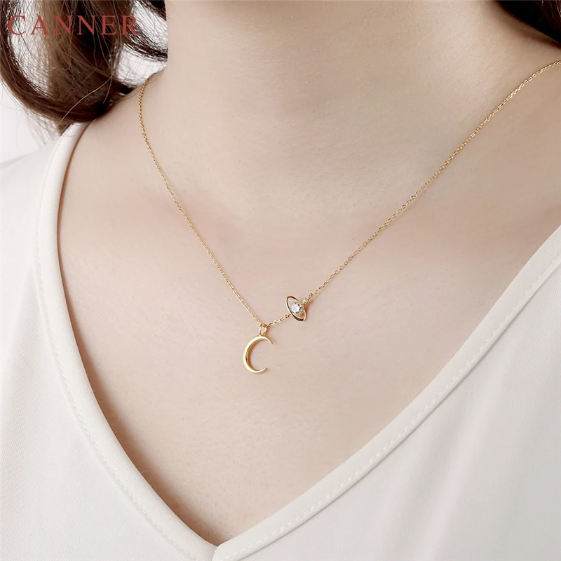 925 Sterling Silver Crystal Planet Moon Necklaces Pendants Gold Chain Zircon Necklace Women Jewelry Gifts collar mujer C40