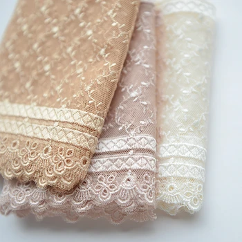 

4M 14cm wide Luxury beige apricot champagne mesh embroidered lace Clothing lace decorative fabric dress garment material AC1053