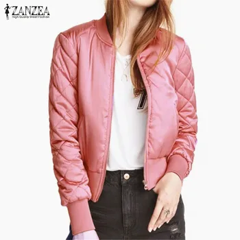 

ZANZEA Plus Size Women 2020 Autumn Winter Warm Short Bomber Jacket Stand Collar Cotton Padded Zipper Coat Casual Solid Outerwear