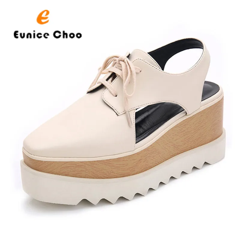 

Eunice Choo Square Toe Slingback Lace Up Women Sandals High Wedge Heels Casual Shoes Platform Thick Sole Cut Outs Design Pumps