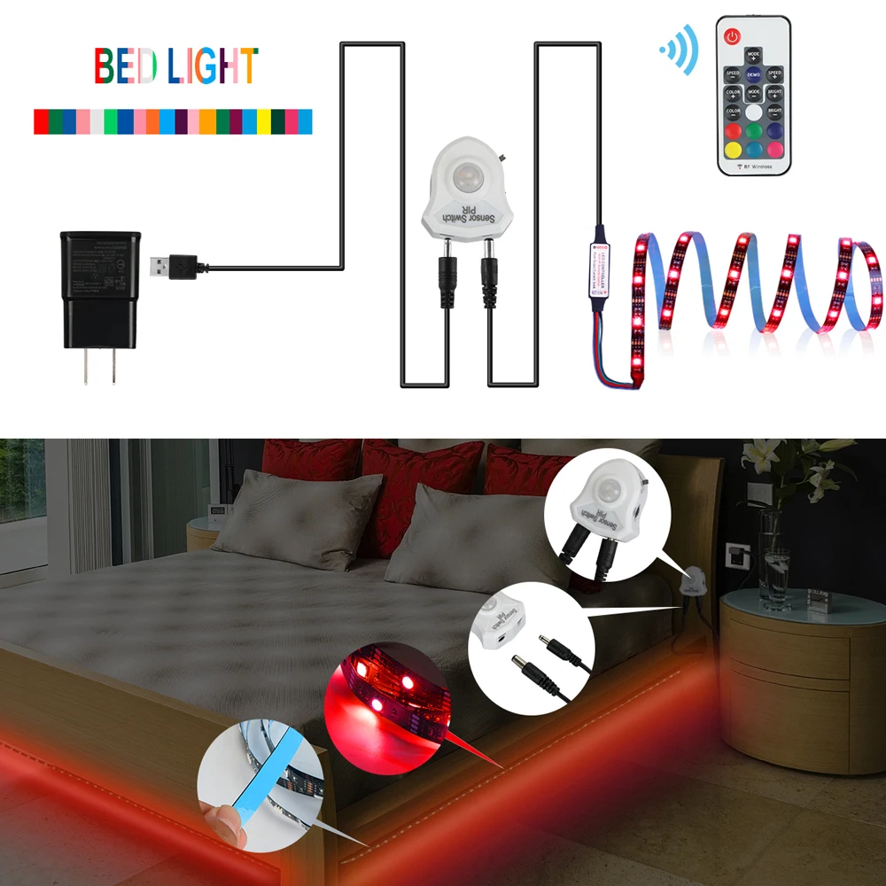 

Motion Sensor Under Cabinet Lights Cupboard Kitchen Bed Emergency Night Light Flexible LED Strip USB 5V RGB US EU Power Adapter