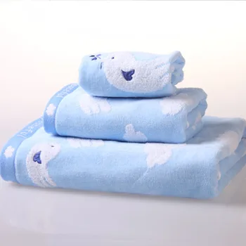 

Baby Cotton Cartoon Towel Set 3Pcs Bath Hand Face Beach Blue bird towels embroidery family adult child gift wholesale FG281