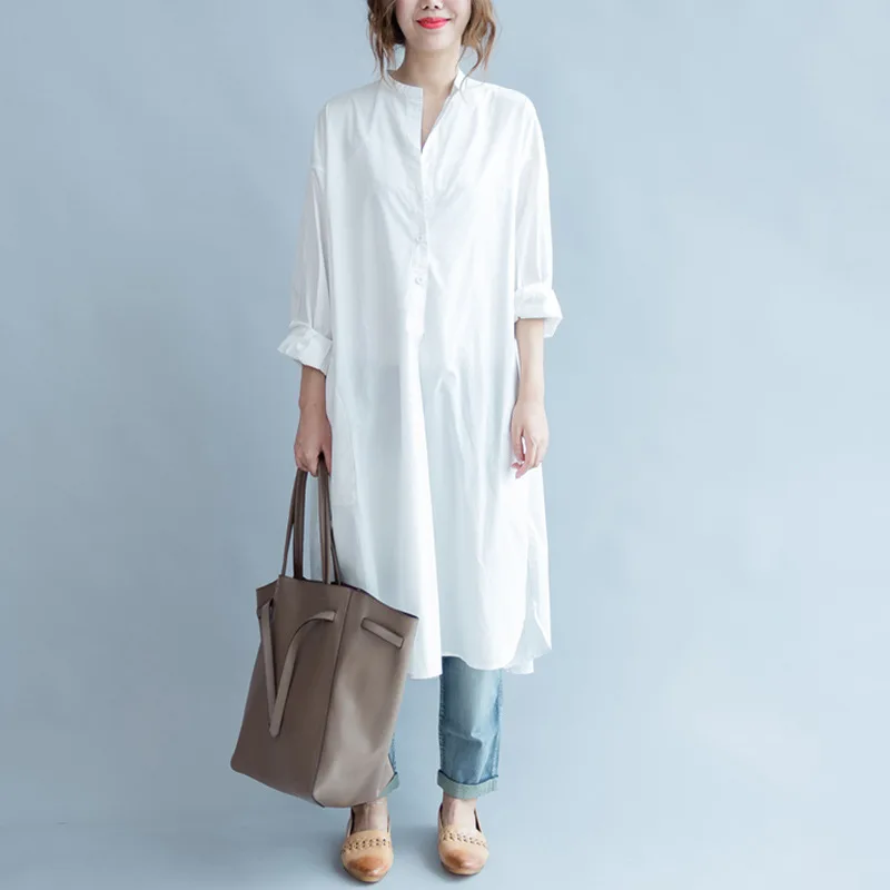 

Johnature New Casual Solid Color Stand Collar New Full Sleeve Long Loose Blouses Irregular White 2019 Autumn White Women Shirts