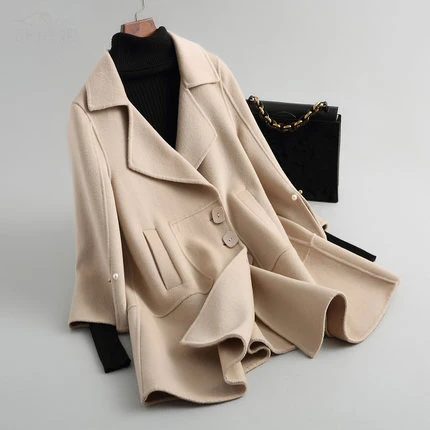 AYUNSUE/однобортное тонкое шерстяное пальто с отложным воротником для женщин, Осеннее длинное пальто для женщин с асимметричным подолом, лидер продаж LX2110 - Цвет: beige