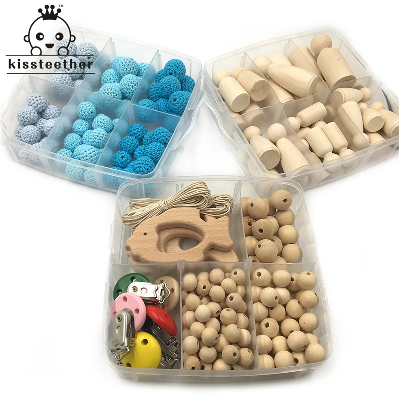 

3 Boxed Natural Wood Peg Dolls Round Wooden Beads Mixed Color Pacifier Clip Crochet Beads Creative Freedom DIY Baby Teether Set