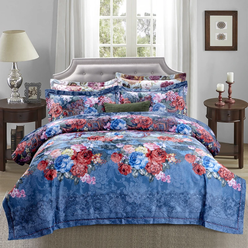 100 Cotton Jacquard blue color Luxury Royal Bedding set 4Pcs King