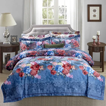 

100% Cotton Jacquard blue color Luxury Royal Bedding set 4Pcs King Queen size bed sheet set Duvet cover pillow shams
