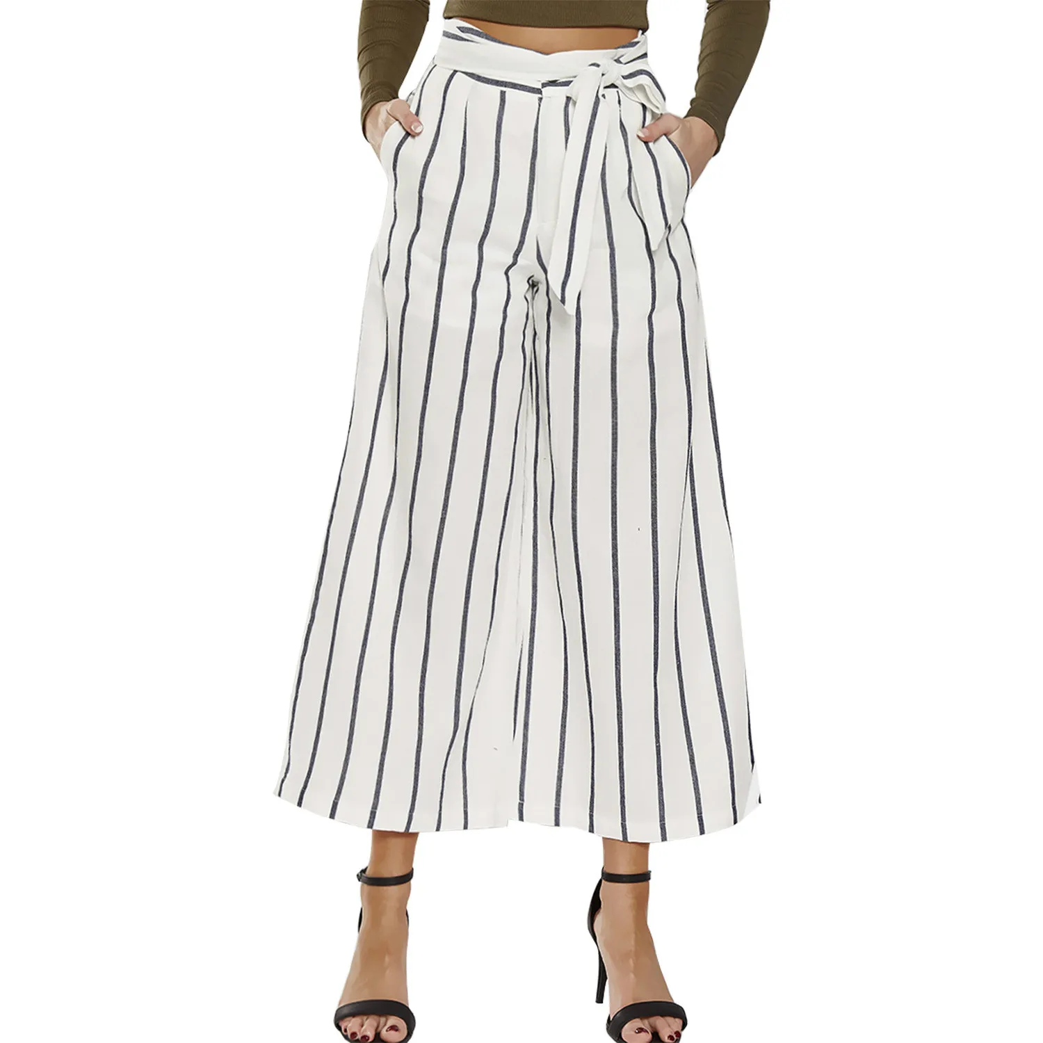 Y La Moda Mujeres 100 Las De Sueltos Alta Minutos A Estados vuelta Rayas Anchos Cintura White Los Pantalones Europa Unidos Nueve qfxaww