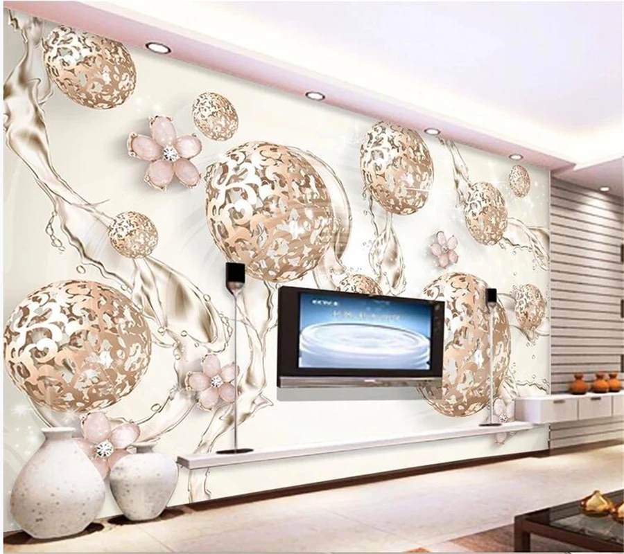 

wellyu Custom wallpaper papel de parede Champagne gold three-dimensional ball dynamic water pattern cherry blossom jewelry