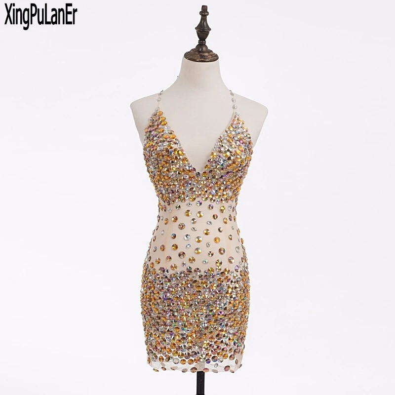 

Real Sample Actual Pictures Spaghetti Strap V Neck Sleeveless Gold Beaded Crystals Short Mini Prom Dresses vestido de festa