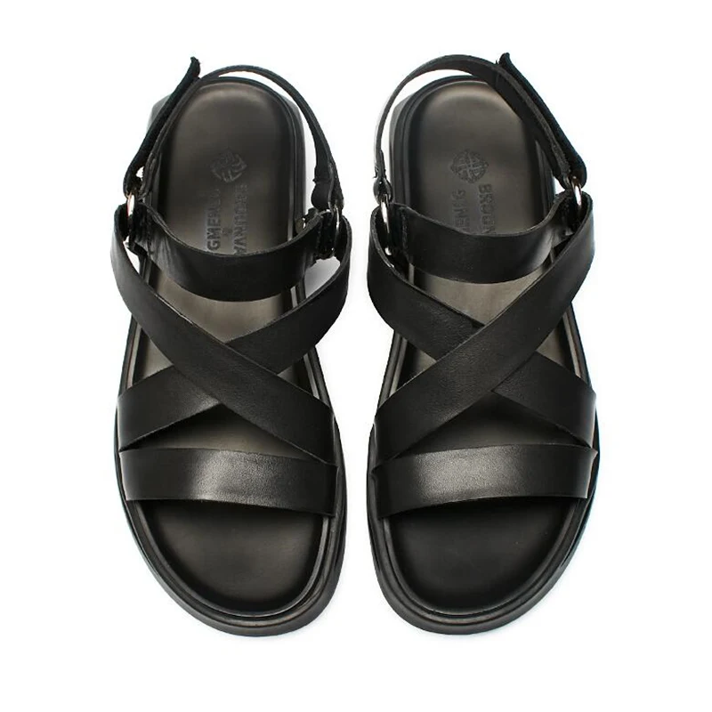 Classical Mens Ankle Strap Leather Sandals Retro Nallow Band Rome Shoes Cool Boy Summer Cross-tied Sllides Beach Shoes