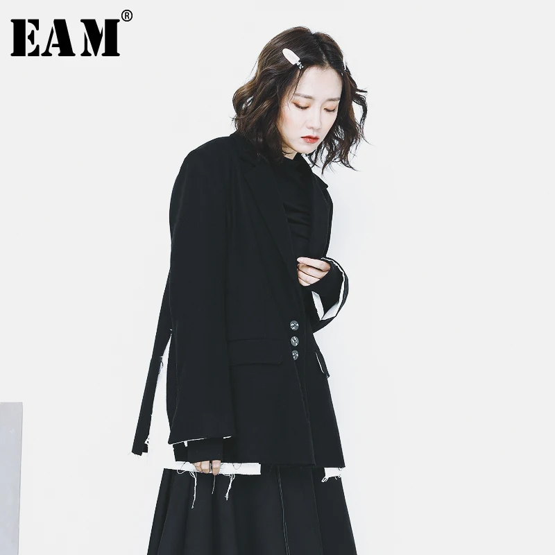 

[EAM] 2019 New Autumn Winter Lapel Long Sleeve Pockets Button Spliced Side Split Irregular Jacket Women Coat Fashion Tide JY526