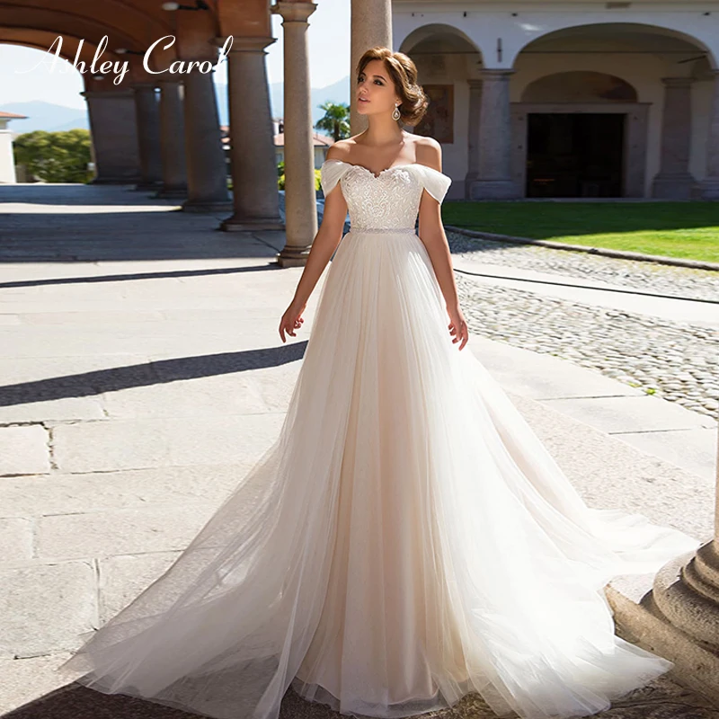 

Ashley Carol Appliques A-Line Wedding Dress 2019 Beaded Boat Neck Cap Sleeve High Quality Simple Bridal Gown Vestido de Novia