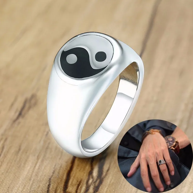 

Gossip Ring Men's Silver Stainless Steel Tai Chi Yin Yang Enamel White And Black Signet Ring Taoist Zen Spirit Jewelry