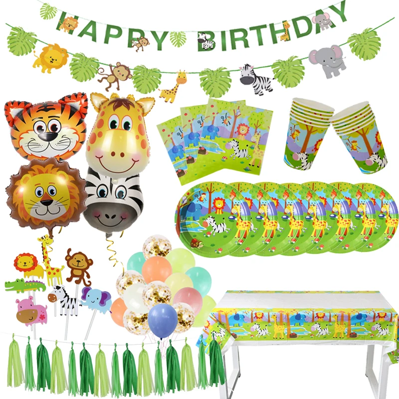 

1Sets Kids birthday party Disposable tableware Green Paper plates cups tablecloths Animal pattern Jungle safari decor supplies