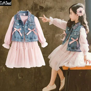 

Cultiseed Baby Girl Autumn Mesh Dress Clothes Big Children Pearls Jeans Vest+Long Sleeve Mesh Dress Sets Kids Cute Sweet Dress