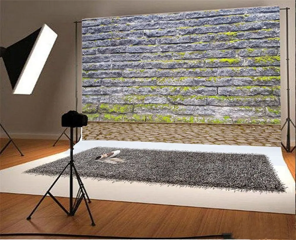 

Photography Backdrop Brick Walls with Green Moss Stone Floor Photo Background