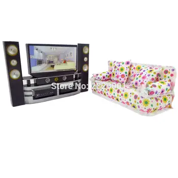 

Family Bedroom Mini Dollhouse Furniture HI-FI TV Cabinet Set Flower Sofa With 2 Full Cushions For Barbie Kurhn Doll Accessories