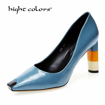 

Colored heel 8cm Fashion Women High Heel Shoes Metal Square Toe Girls Party Wedding Shoes Spring Women Pumps High Heels PF63-3