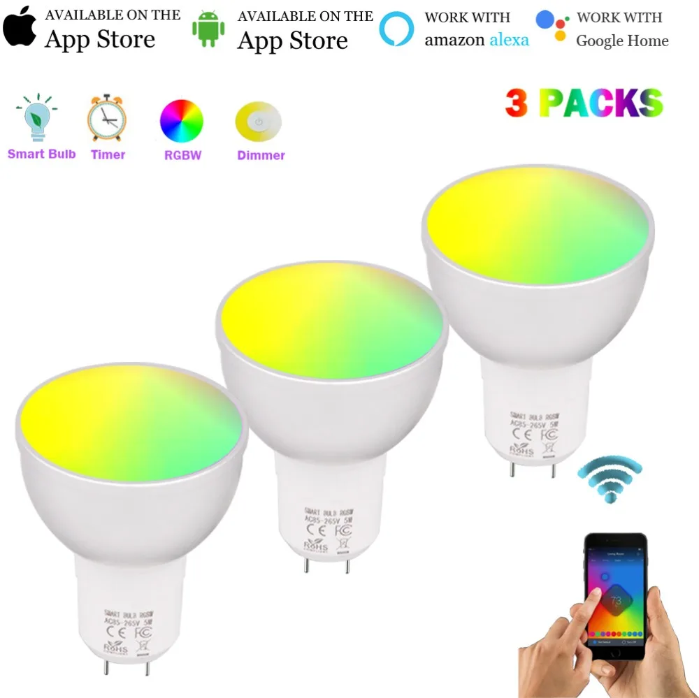 

Smart Wifi Bulb GU5.3，RGBW Color Changing Smart Lamp Cup, 5 Watt Spotlight Equal to 50W ,Works with Alexa Google Assistant