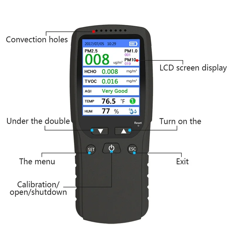 

Gas Analyzer 8 in 1 PM1.0 PM2.5 PM10 Monitor TVOC HCHO Formaldehyd Detector Temperature Humidity Meter Air Quality Monitor