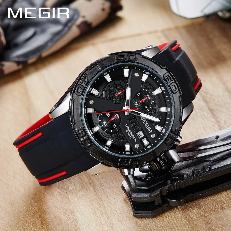 Online MEGIR Chronograph Sport Uhr Männer Relogio Masculino Top Marke Mode Silikon Quarz Armee Militär Handgelenk Uhren Uhr Männer 2055