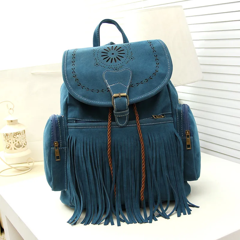 Tassel Backpack Vintage Drawstring Suede Leather Backpack Bags for