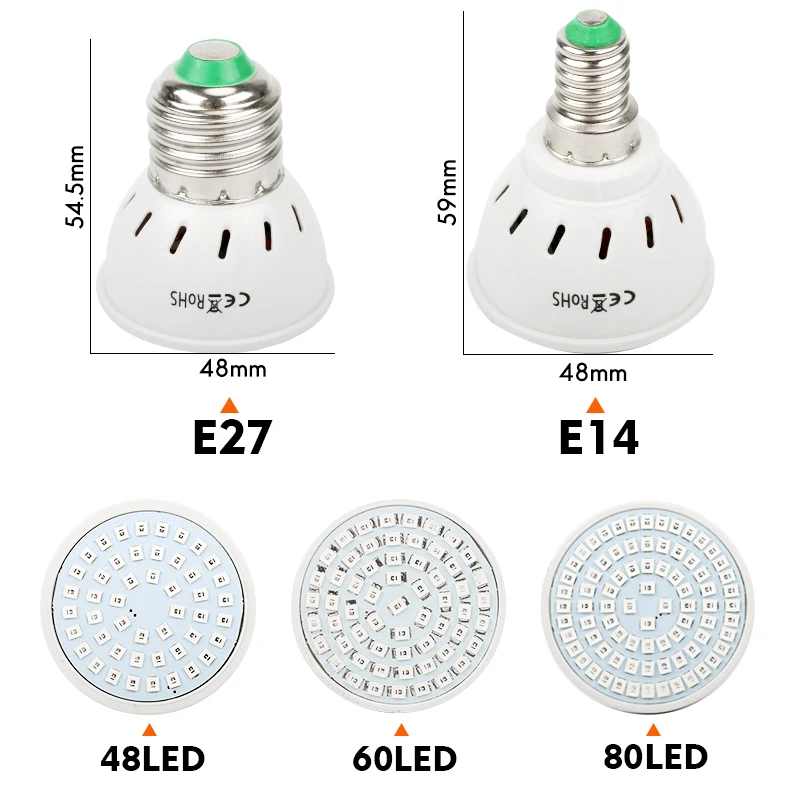 Светодиодный светильник для выращивания, полный спектр, E27, E14, GU10, MR16, 48, 60, 80 светодиодный s Точечный светильник, УФ, ИК, красный, синий, для цветочных растений, гидропоника, лампа