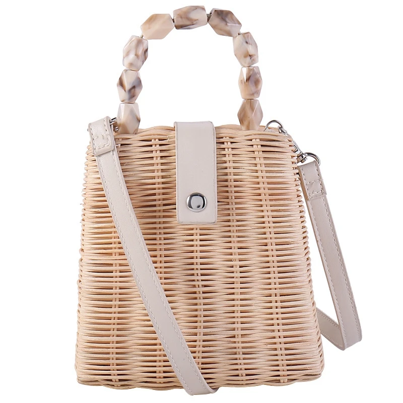 

Marble Handle Ladies Leather Strap Single-Shoulder Crossbody Bag Handmade Fashion Natural Woven Round Rattan Handbags