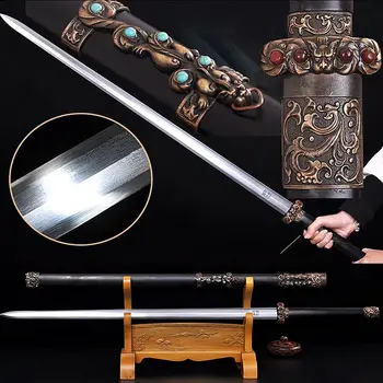 

115CM*Ebony Wood Saya Chinese Qin Dynasty KungFu Battle Sword Jian Sharp Folded Pattern Steel Blade Full Tang/Brass Knife Fitte